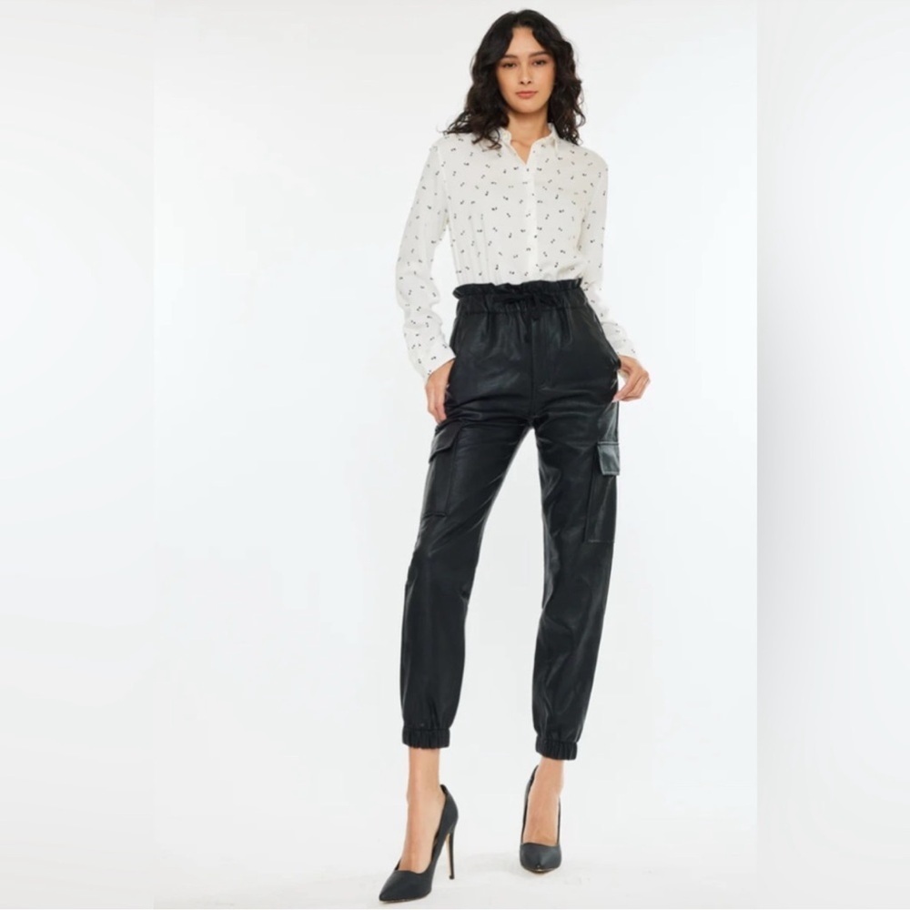 KanCan Black Faux Leather Paperbag Cargo Joggers
